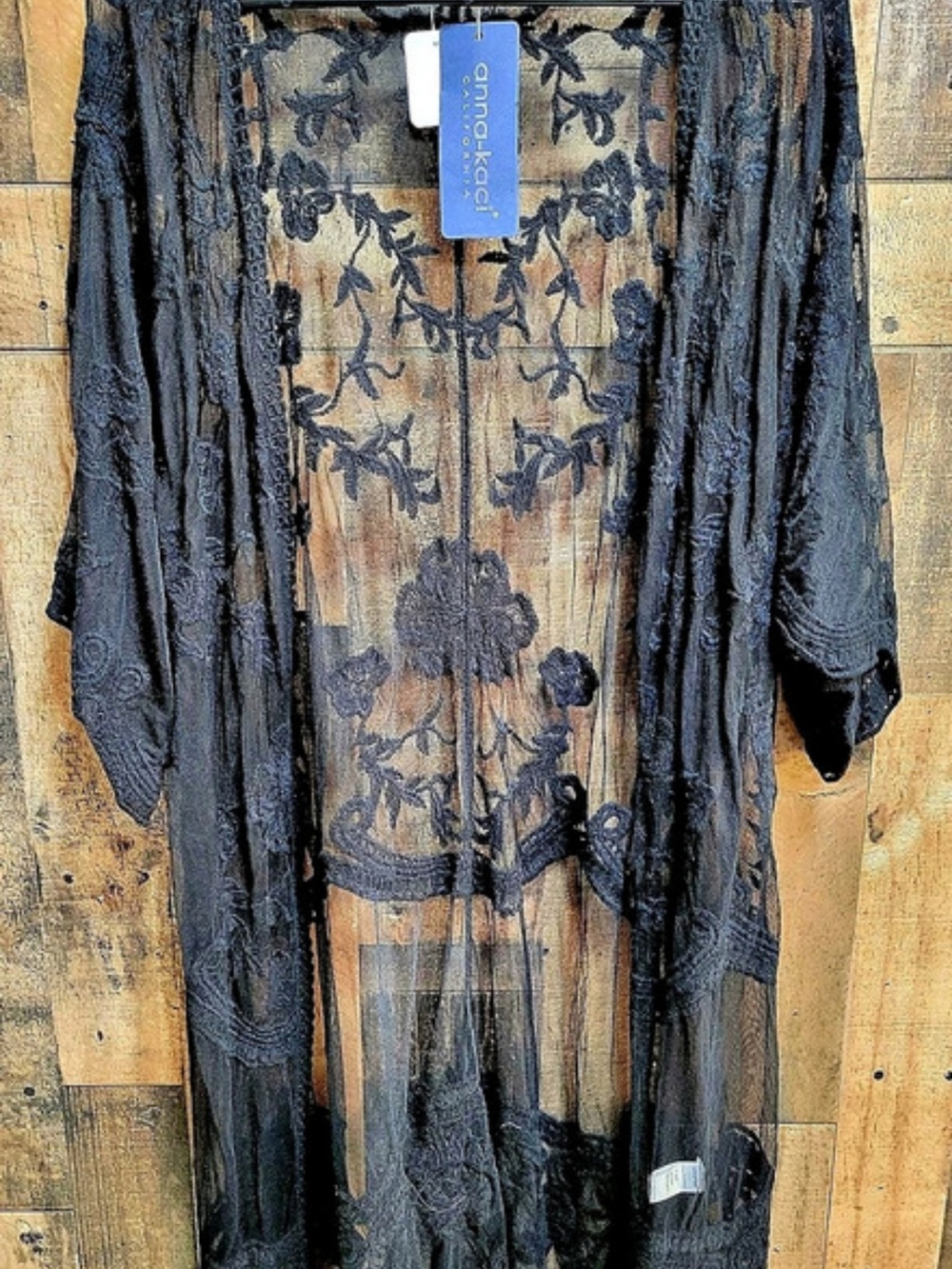 Anna-Kaci Long Embroidered Floral Lace Kimono Cardigan Black